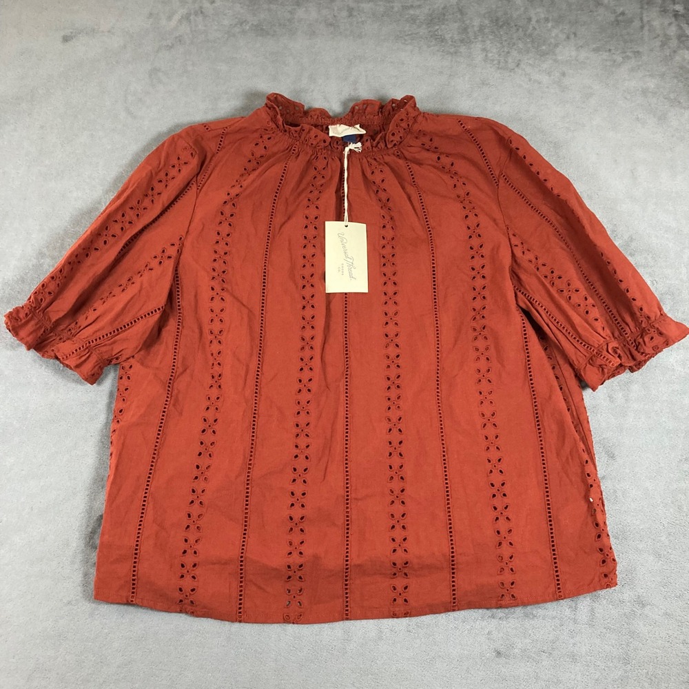 Universal Thread Womens Eyelet Mock Neck Puff Sleeve Top Brick House Orange M